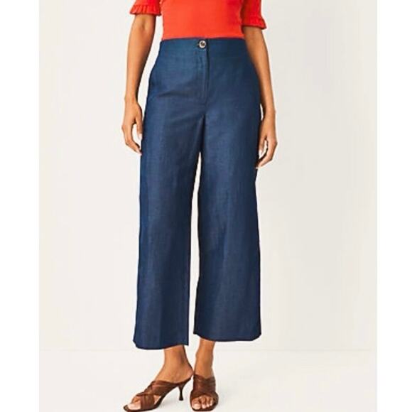 Ann Taylor Tencel Linen Chambray High Rise Wide Leg Crop Pants Women’s Size 10 - Picture 1 of 13